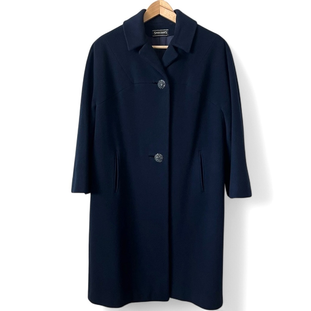 Vintage Switzer’s Coat Connoisseur 100% Cashmere ILGWU Brooch Buttons Navy Blue